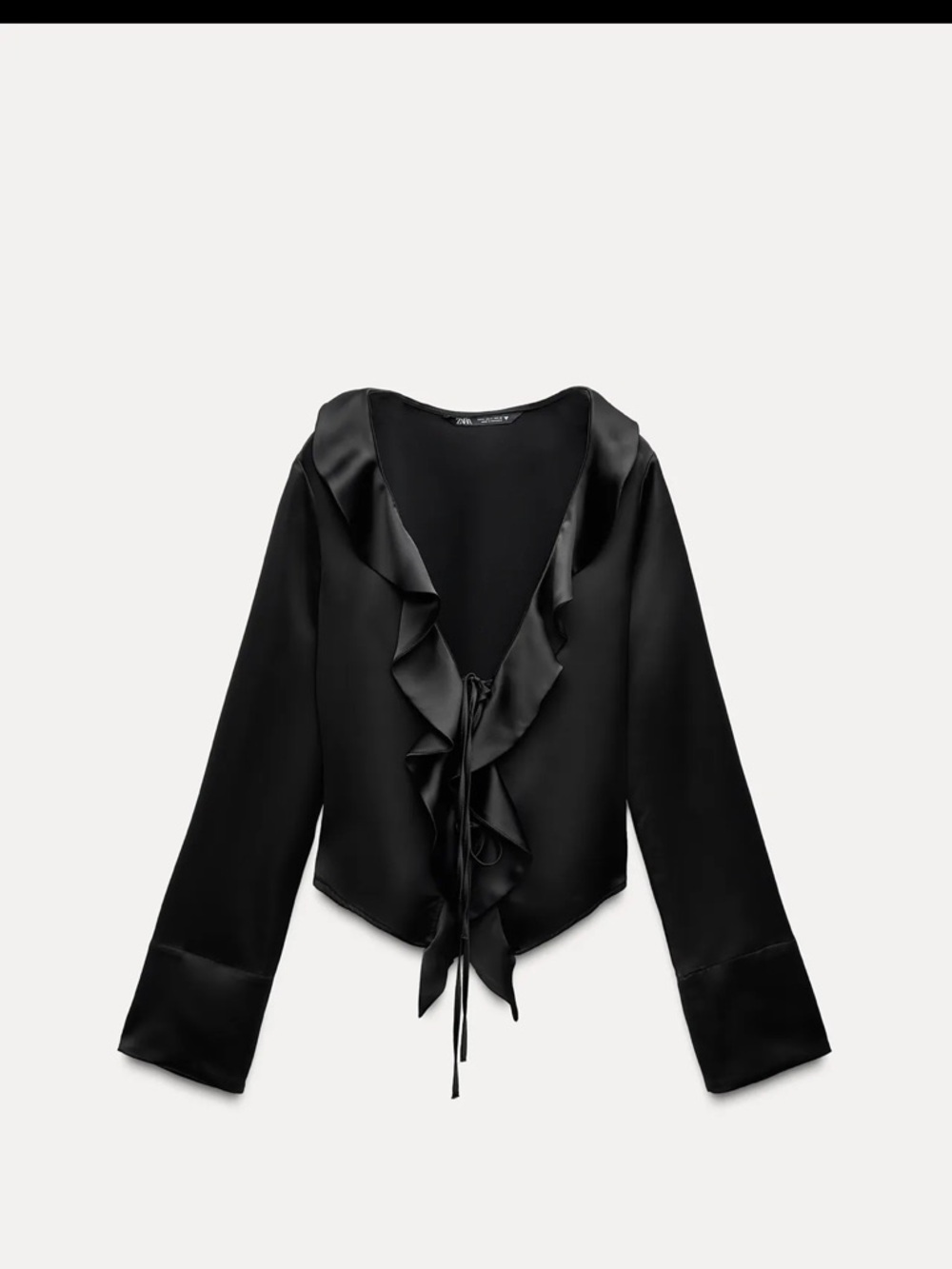 Black Ruffle Tie-Front Satin Blouse and Pants Set